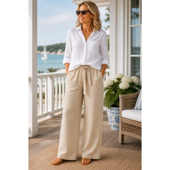East 5th Pants - East 5th Linen Blend Wide Leg Pants Khaki Tie Waist Coastal Relaxed Fit Size 12